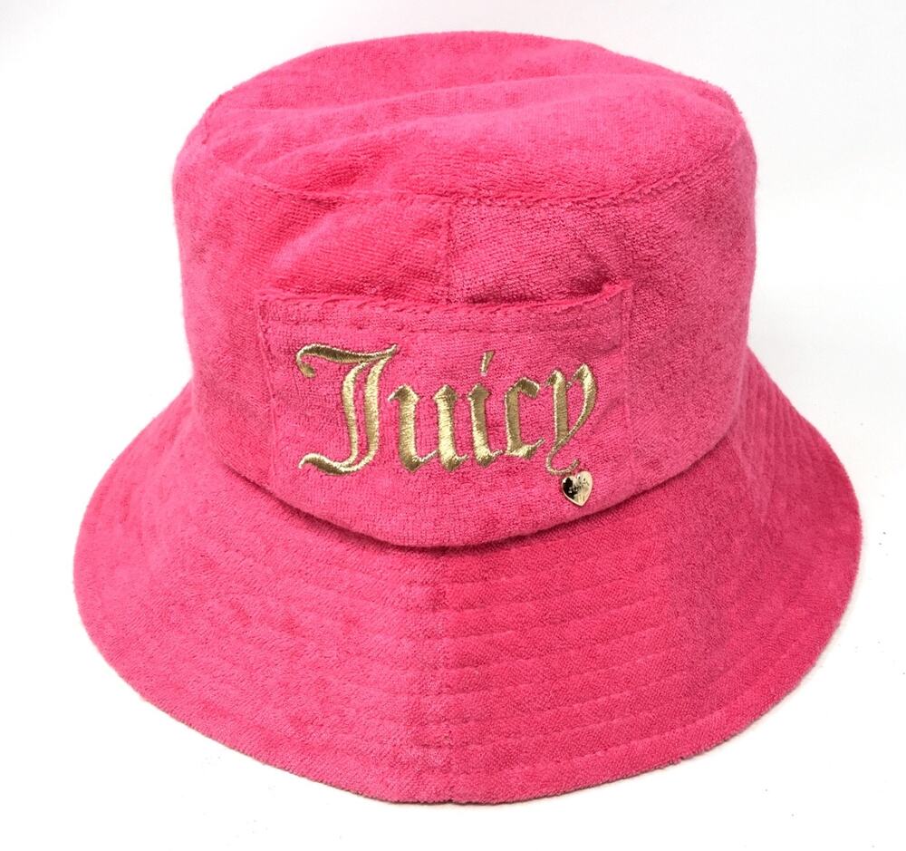 Juicy Couture Y2K Pink Terry Cloth Gold Letters Bucket Hat Heart Charm Detail